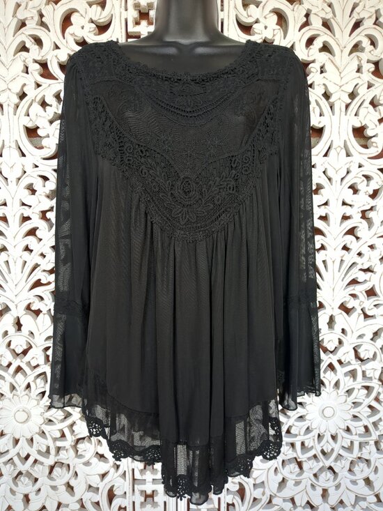 Ultra Pink Tops - Embroidered Lacey Lined Sheer Long Sleeve Boho Top